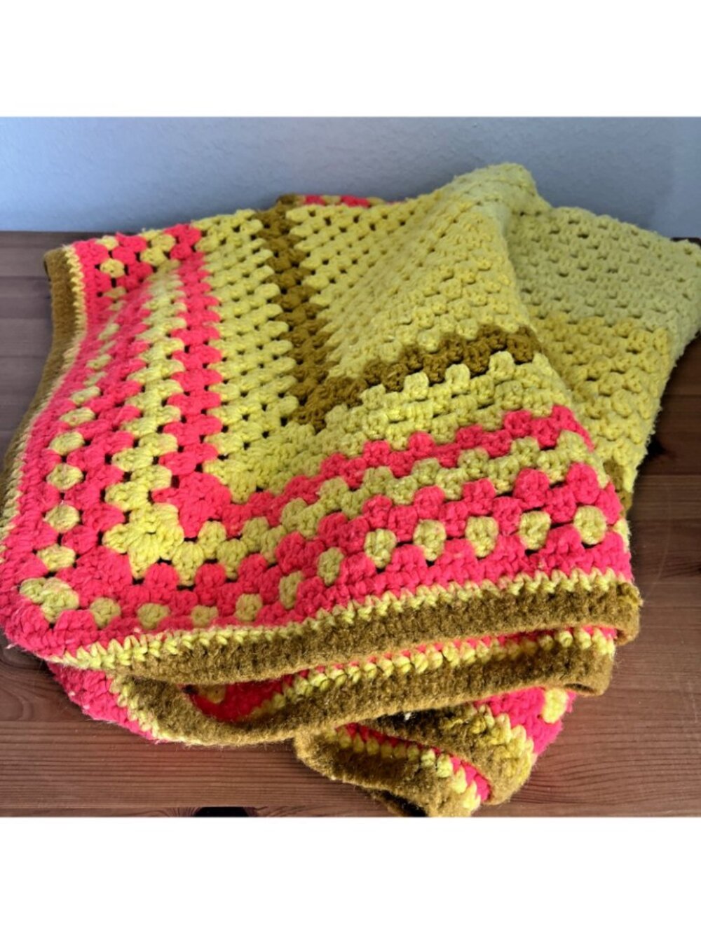 Handmade Crocheted Afghan Throw 41x43 70's avocado mustard pink orange - Picture 2 of 4
